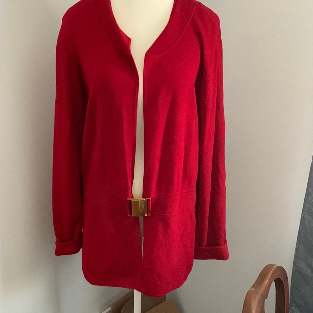 Red Open Front Cardigan with Gold Buckle- Jones of New York
